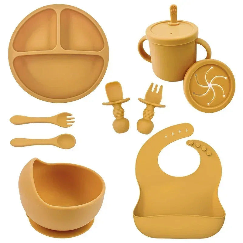 Silicone Baby Tableware Set – Bowl, Spoon, Fork, Bib & Plate