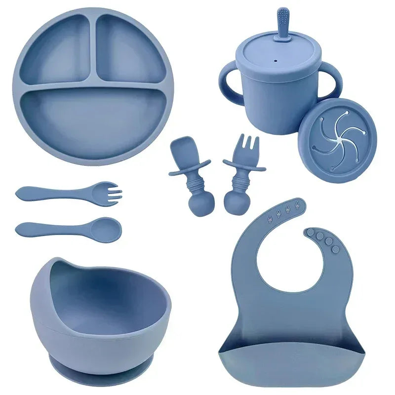Silicone Baby Tableware Set – Bowl, Spoon, Fork, Bib & Plate
