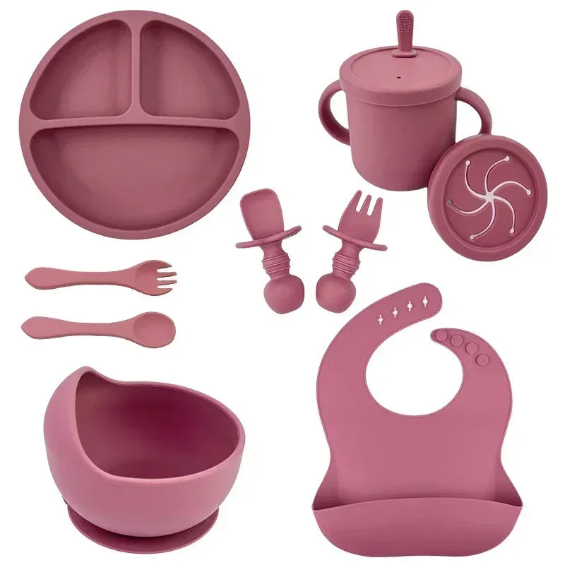 Silicone Baby Tableware Set – Bowl, Spoon, Fork, Bib & Plate